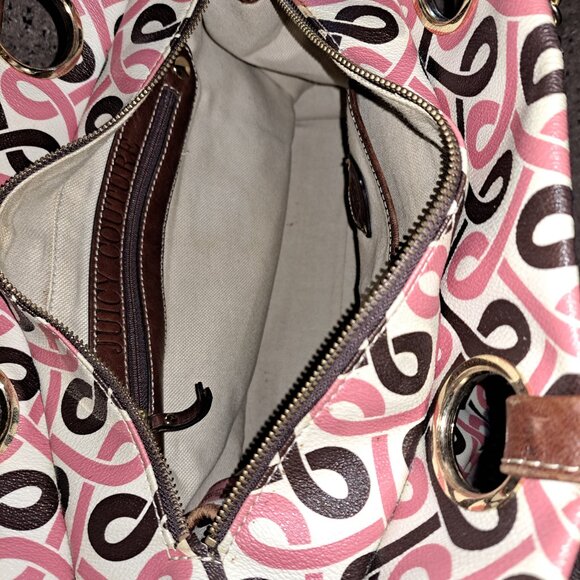 VINTAGE JUICY COUTURE-Y2K Geometric Pink/Brown Tote-Large Leather Charm-Excellen - Picture 9 of 13